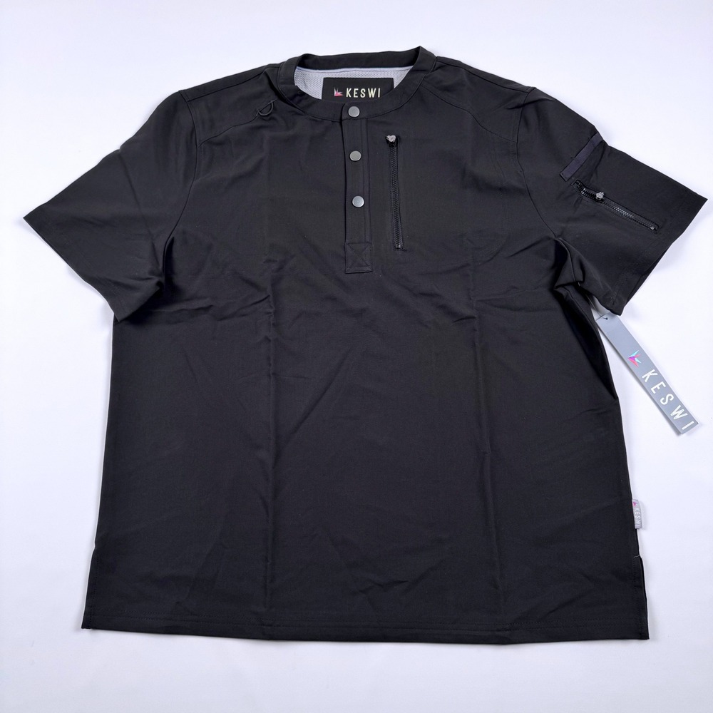 Keswi‎ Men's 2-Pocket Snap Front Henley Scrub Top - Size Large, Black NEW